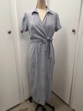Caribbean Joe Blue Silk/Rayon Faux Wrap Midi Length Housedress